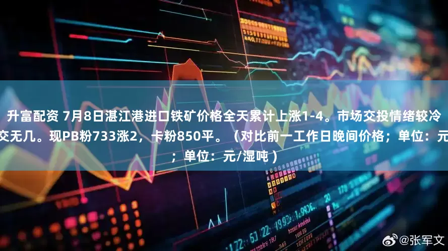 升富配资 7月8日湛江港进口铁矿价格全天累计上涨1-4。市场交投情绪较冷清，成交无几。现PB粉733涨2，卡粉850平。（对比前一工作日晚间价格；单位：元/湿吨 )